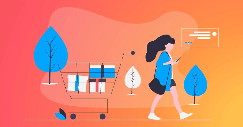 Graphic showing customer walking away from a shopping trolley full of items