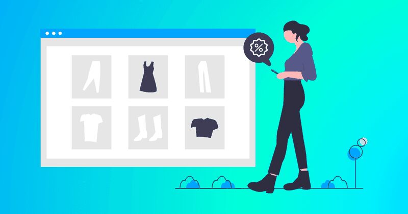 Graphic with shopper looking at an online fashion retailer
