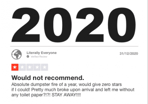 Cheeky postcard template image with fictional 1 star review of the year 2020