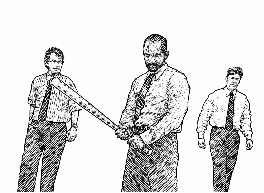 Three men with a baseball bat