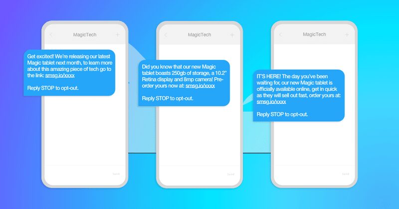 Three examples of product launch text message types on mobile handsets
