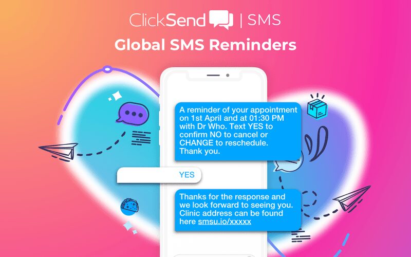 Global SMS reminders showing a mobile handset with an appointment reminder text message and two responses