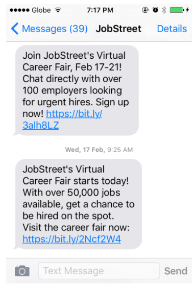 JobStreet SMS campaign example on a handset