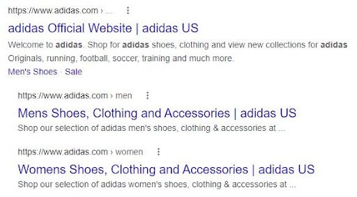 Adidas SERPs showing indented results for women and men collection pages