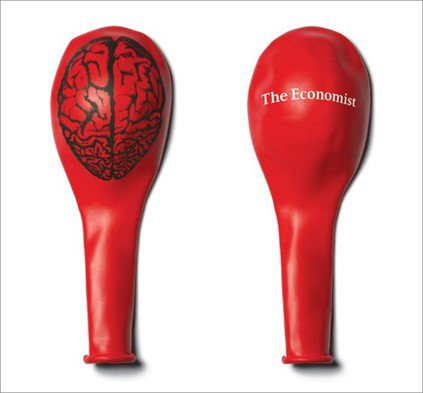 Image of two uninflated red balloons – one showing a diagram of a human brain printed on the front and the other with the Economist logo printed on the back