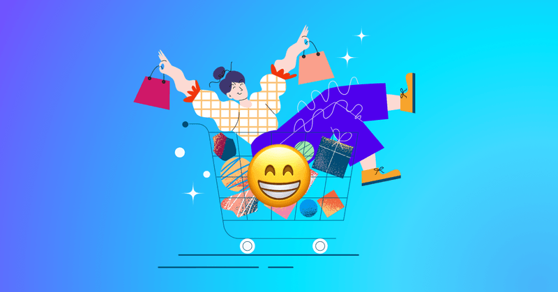 Full shopping cart graphic with smiley face emoji and a customer in the cart clutching shopping bags
