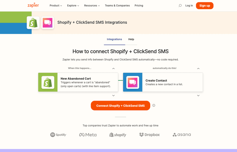 Screenshot of Zapier connecting Shopify with ClickSend