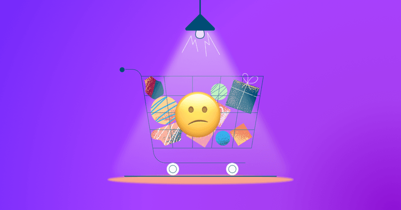 Full shopping cart graphic with confused face emoji under a spotlight