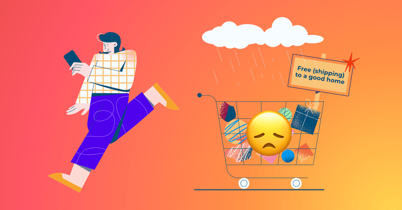 Graphic of a customer abandoning a shopping cart with a sad face emoji with rain falling from a cloud above it