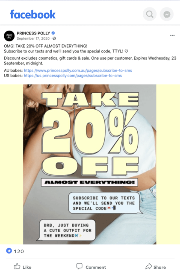 Princess Polly SMS opt in advertising promotion on Facebook example