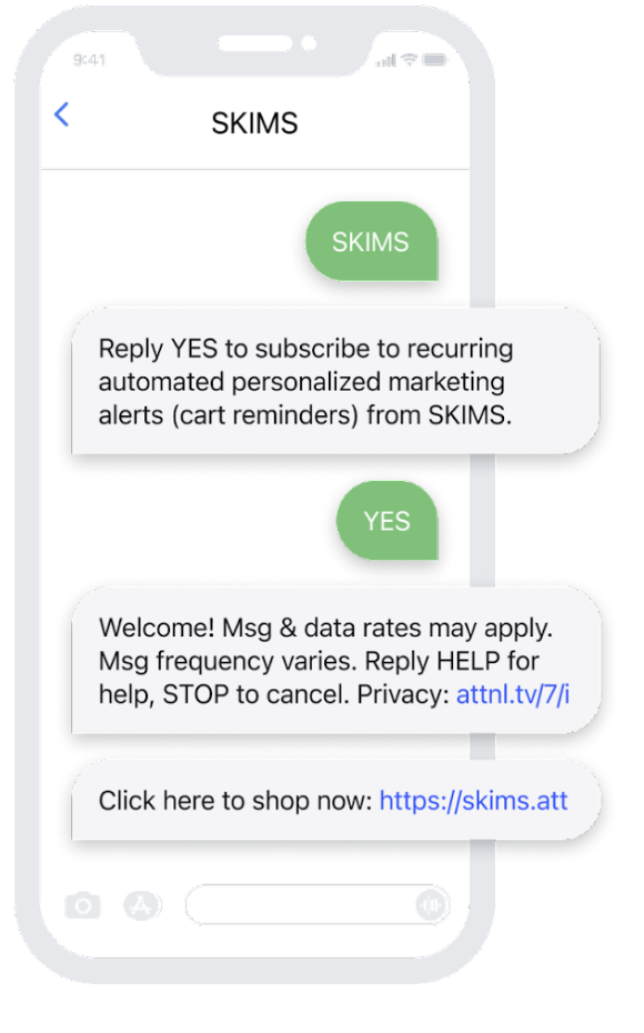 Example text messages from SKIMS showing opt in consent