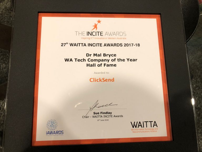 ClickSend award for WA Tech Company of the Year Hall of Fame