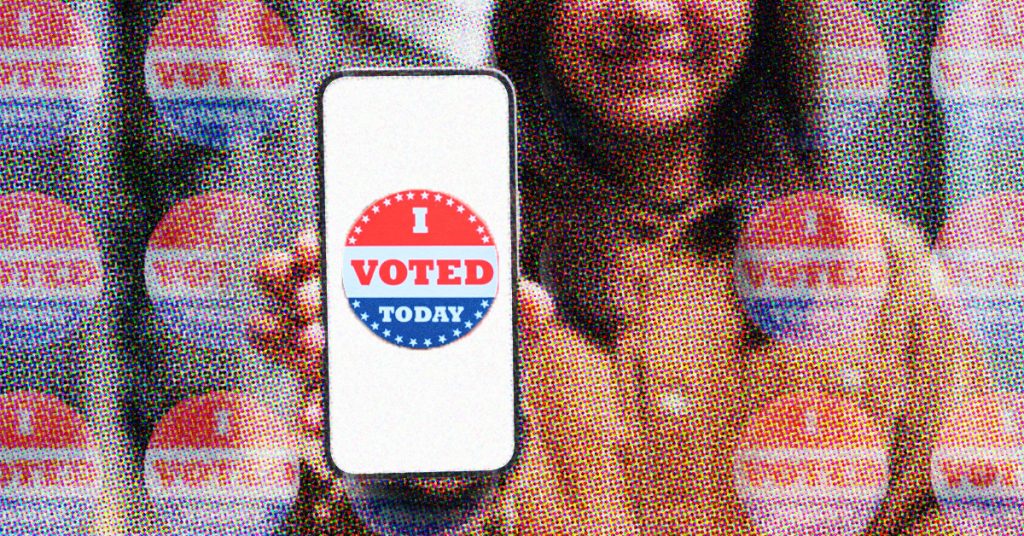 Woman holding up a mobile phone with 'I voted today' on the screen